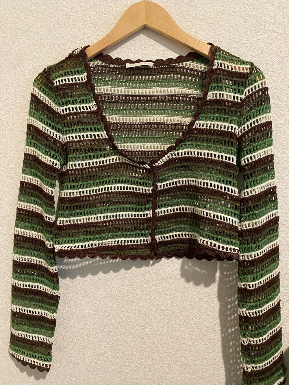 Zara Striped Crochet Crop Cardigan in Green, Brown & White